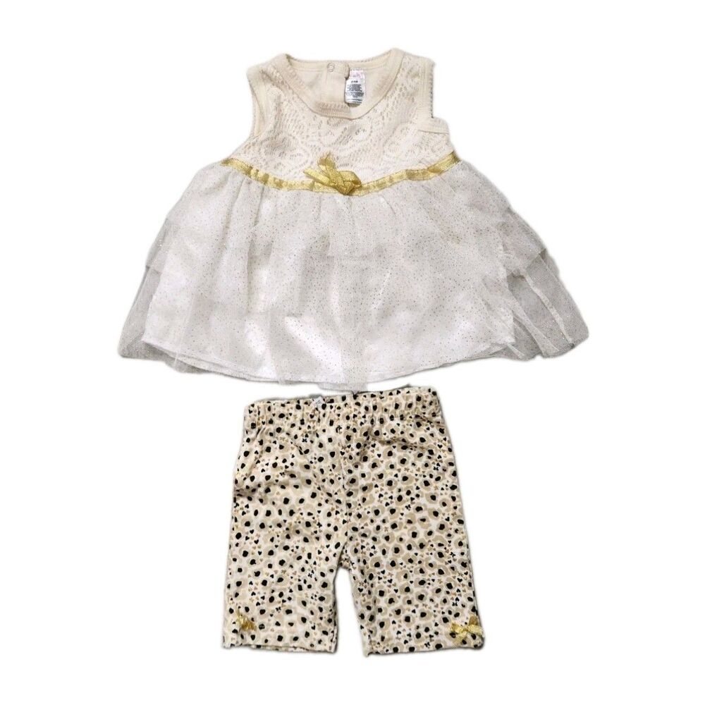 Swiggles Girls 24M Ivory Gold Speckle Dress & Leggings Set Animal Print EUC
